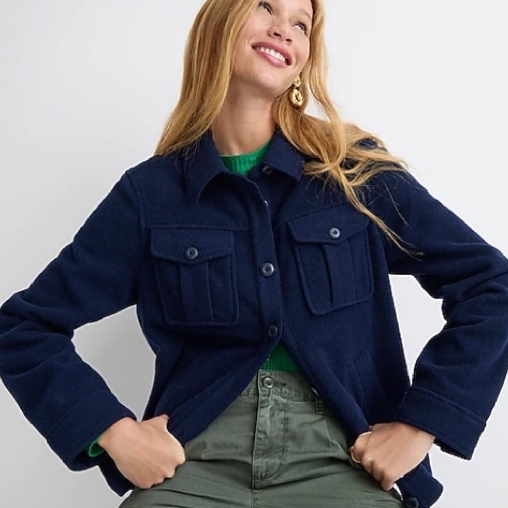 J. Crew Stretch Wool Blend Button Up Denim Trucker Style Shacket Jacket